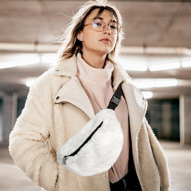 FASHNZFAB Solid Faux Fur Sling Bag White One Size 3