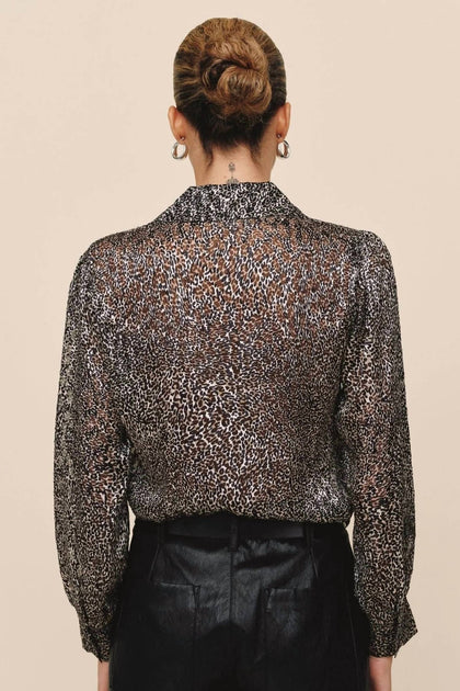 Bella Dahl Three Quarter Bishop Sleeve Button Up Shirt Silver Leopard Large 4