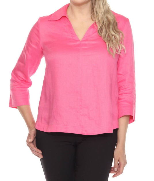 Joseph Ribkoff Collared V-Neck Linen Top Pink Medium 2