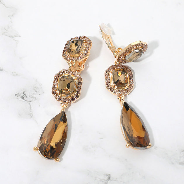 FASHNZFAB Square Halo Teardrop Stone Cluster Link Drop Clip On Earrings Black 4