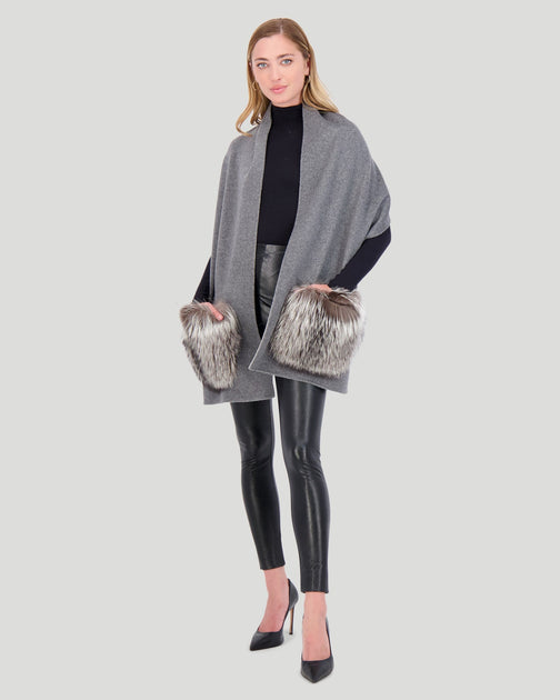 Gorski Wool Stole with Silver Fox Pockets Grey One Size 3
