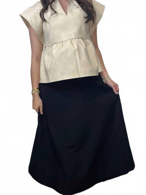 Hem & Thread Stretch Waistband Midi Swing Skirt Black Medium 2