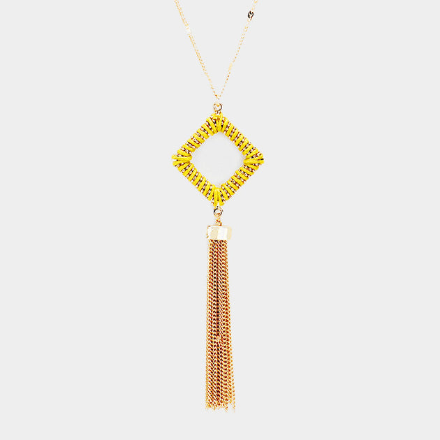 FASHNZFAB Thread Wrapped Square Hoop Drop Chain Tassel Necklace Gold 2