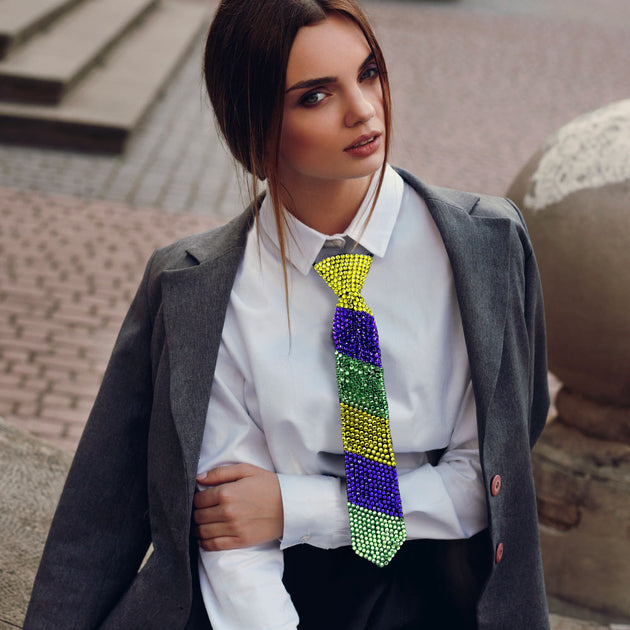 FASHNZFAB Mardi Gras Bling Studded Statement Tie Necklace Black 2
