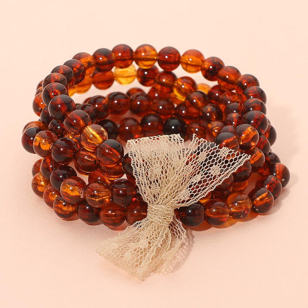 FASHNZFAB Resin Ball Beaded Stretch Multi Layered Bracelet Brown One Size 2