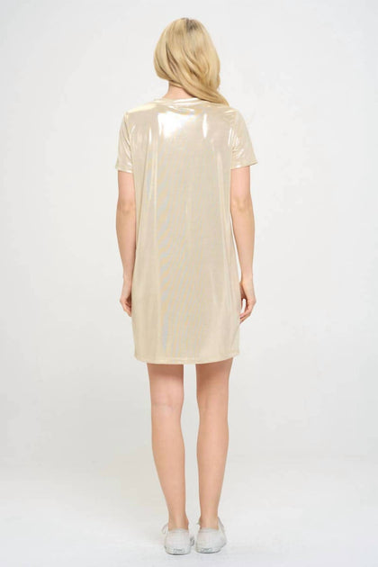 reneec. Metallic Short Sleeve Dress Beige Small 3