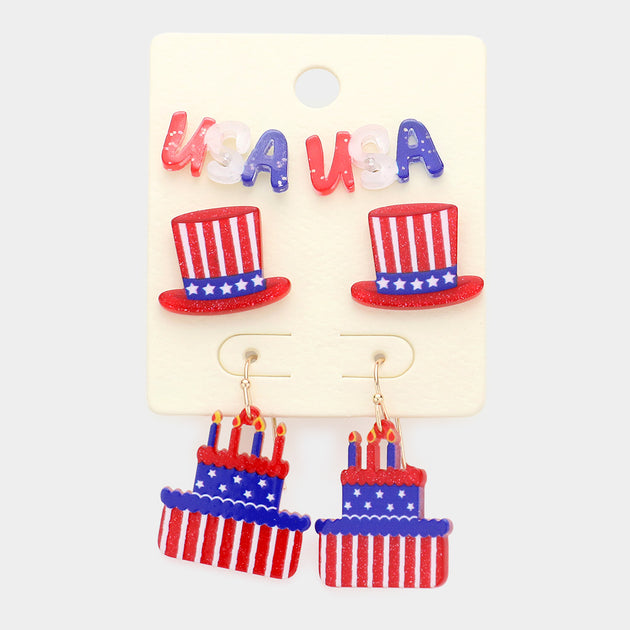 FASHNZFAB American USA Flag Message Hat Cake Earrings Multi 2