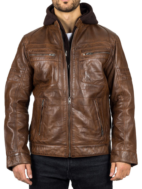 TruClothing Hooded Genuine Leather Motorcycle Biker Jacket Brown 5XLarge 2