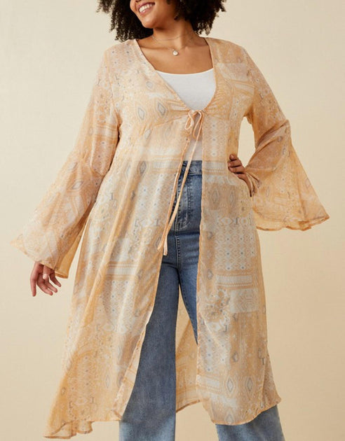 Hayden LA Sheer Patch Print Chiffon Tie Front Duster Beige 2X 3