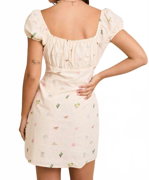 LE LIS Sweetheart Neckline Graphic Mini Dress Beige Small 4