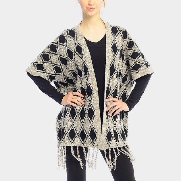 Truedames Diamond Pattern Fringe Trim Poncho Shawl Beige 2