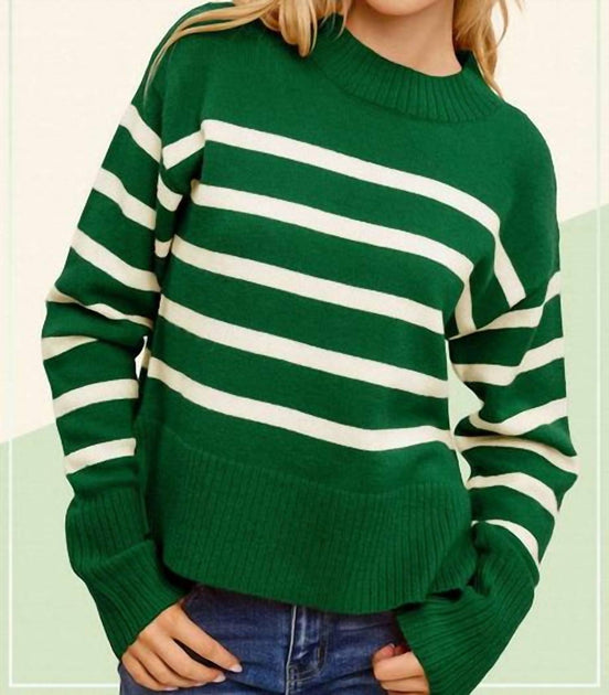 LA MIEL Striped Mock Neck Sweater Green Large 2