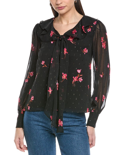 CeCe Ruffle Tie V-Neck Top Black Small 2
