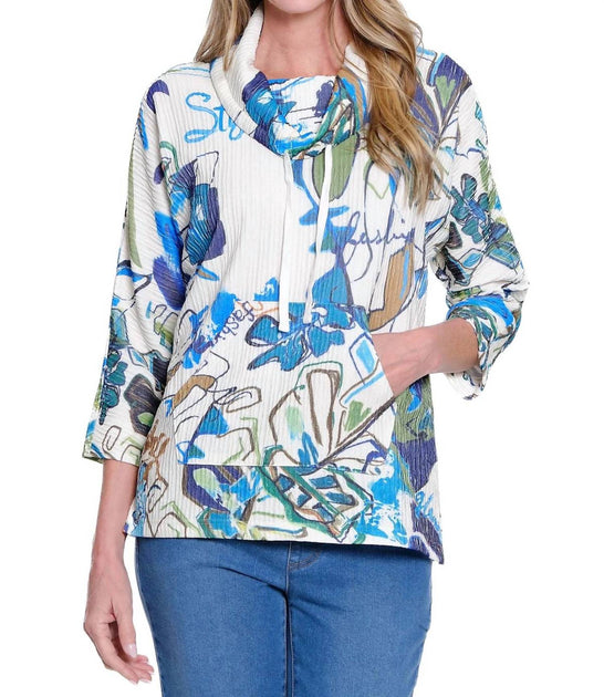 Multiples Drawstring Cowl Neck Print Top White Large 2