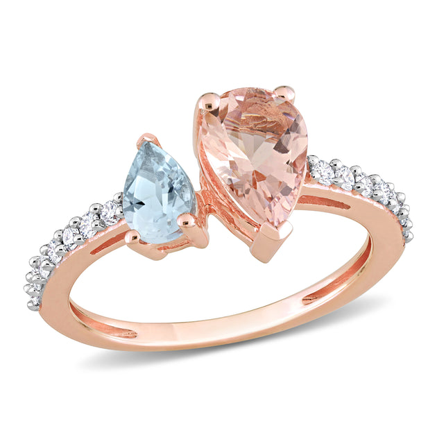 Mimi & Max Two-Stone Morganite Aquamarine Diamond Ring Rose Gold US 5 2