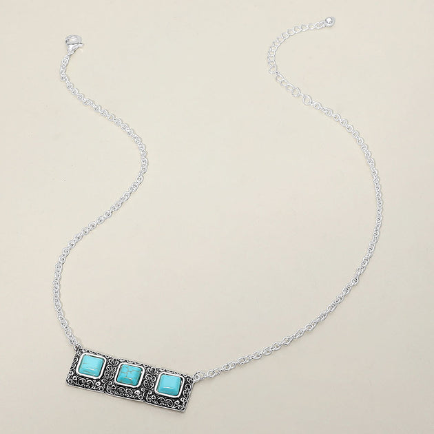 FASHNZFAB Triple Scrollwork Frame Square Tile Pendant Necklace Turquoise One Size 3