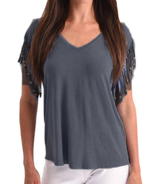 ANGEL Cut Out Fringe Beaded Top Grey Medium 2