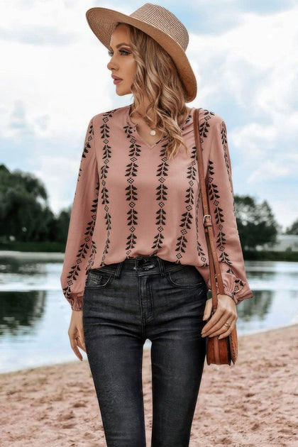 TRUEDAMES Graphic Print Stripe Loose Fit V-Neck Blouse Pink XLarge 3