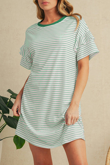 Shewin Stripe Ruffle T-Shirt Mini Dress Green Large 3