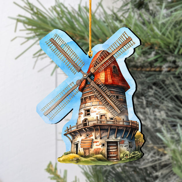 G. Debrekht Set of 2 Windmill Wooden Christmas Ornaments 3