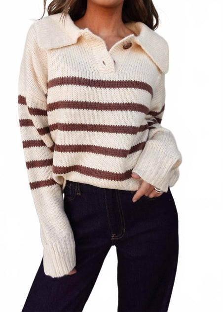 Listicle Striped Knit Collared Sweater Beige Medium 2