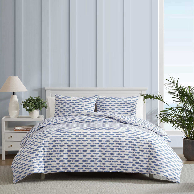 Nautica Woodblock Fish Blue King Duvet Cover Set 3