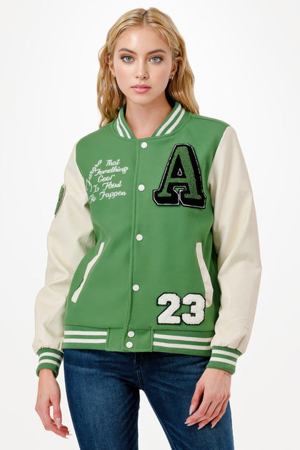 TRUEDAMES Patch Varsity Bomber Jacket Pink Medium 2