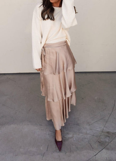 EN CREME Tiered Satin Maxi Skirt Beige Small 3