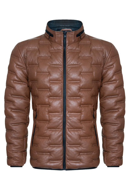 Infinity Recife Men's Puffer Quilted Bomber Leather Jacket Brown XS 2