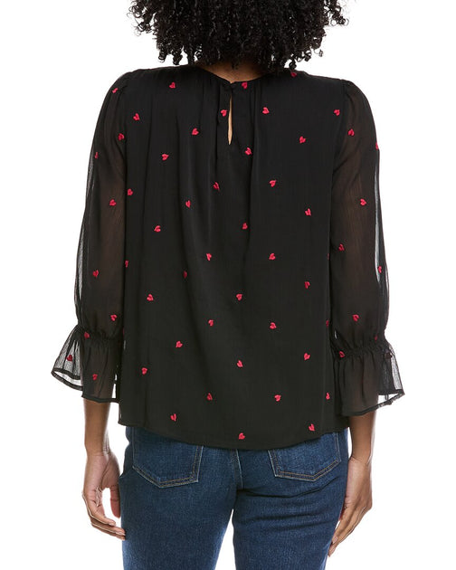 CeCe Shirred Neck 3/4 Ruffle Sleeve Top Black XLarge 3