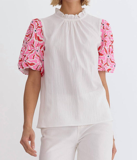 entro Mock Neck Embroidered Sleeve Top White 1X 2