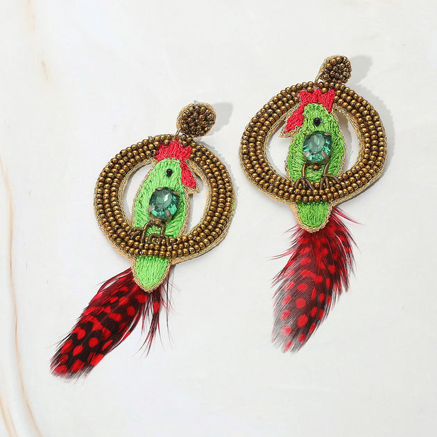 FASHNZFAB Parrot Embroidery Earrings Green 3