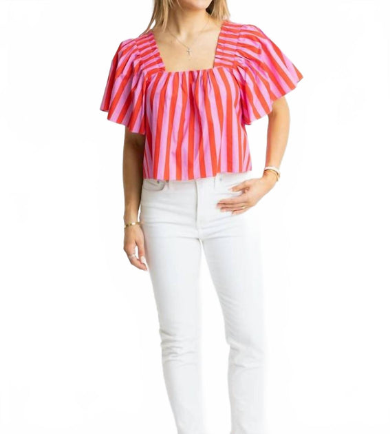 Karlie Stripe Square Neck Poplin Top Pink Medium 2