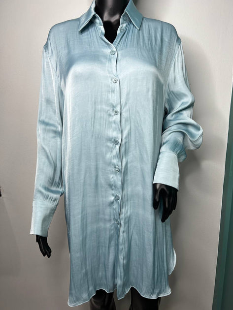GLAM Silky Long Button Down Shirt Blue Large 4