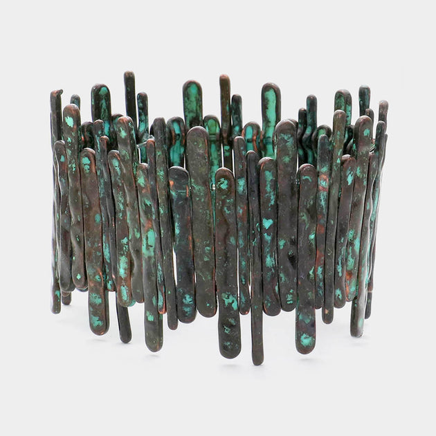 FASHNZFAB Thin Fence Bar Cluster Stretch Bracelet Patina Verdigris Black One Size 3