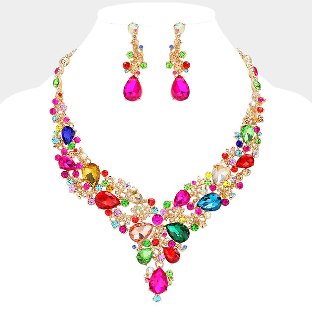 FASHNZFAB Pearl Teardrop Stone Evening Necklace Multi One Size 5