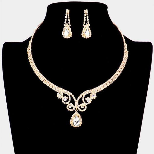 FASHNZFAB Teardrop Rhinestone Necklace Set Black 4