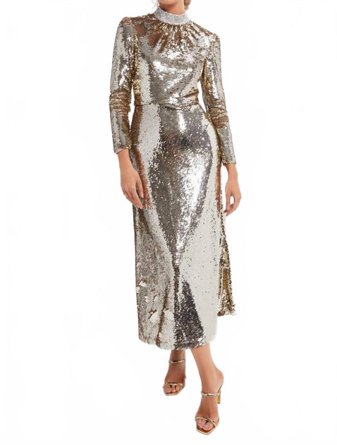 SALONI Jena Embroidered Midi Dress In Champagne | ShopSimon