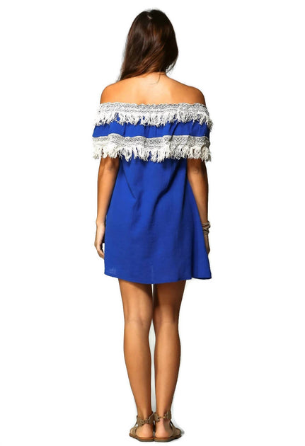 Velzera Off The Shoulder Fringe Mini Dress Blue 3X 4