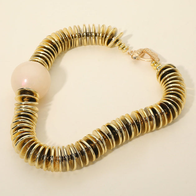 FASHNZFAB Resin Ball Metal Disc Beaded Statement Necklace Gold 3