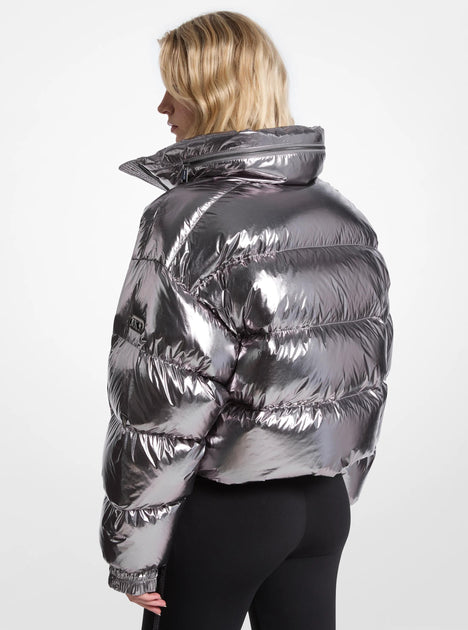 Michael Kors Metallic Nylon Puffer Jacket Silver XS 3