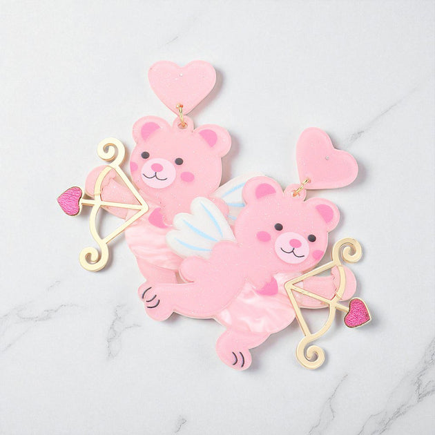 FASHNZFAB Cupid Bear Resin Dangle Earrings Pink 3
