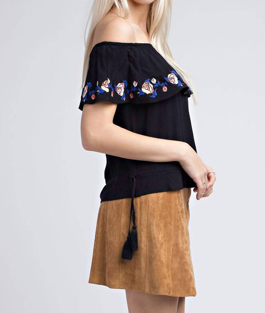 Honey Punch Strapless Embroidered Ruffle Top Black Small 3