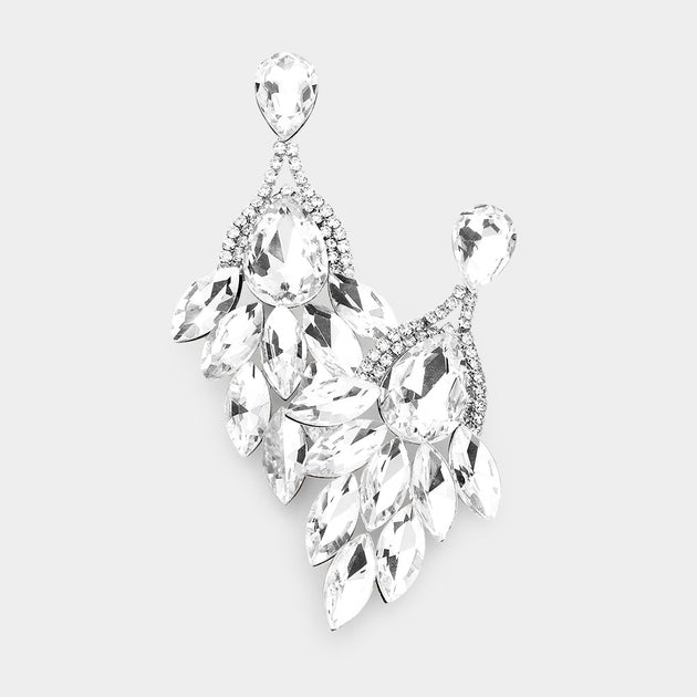 FASHNZFAB Teardrop Marquise Stone Cluster Earrings Silver 2