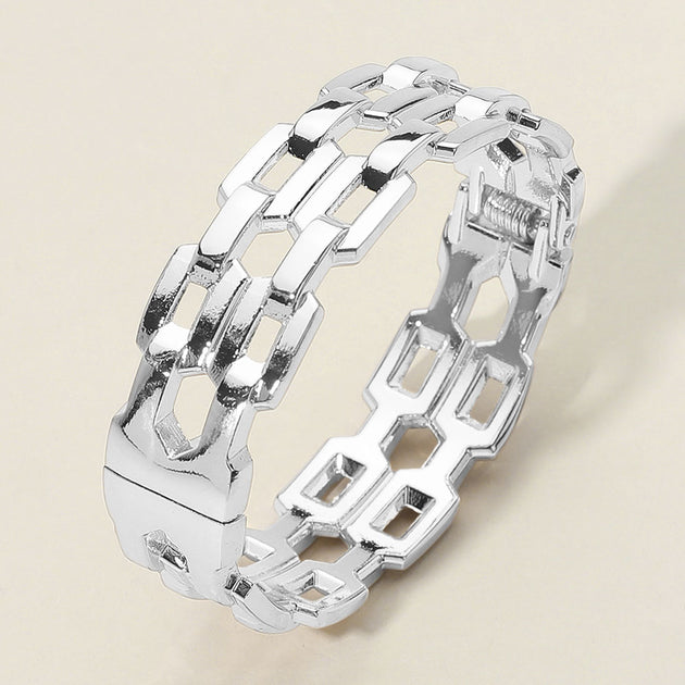 FASHNZFAB Chunky Flat Link Chain Hinged Bangle Bracelet Rhodium Silver One Size 2