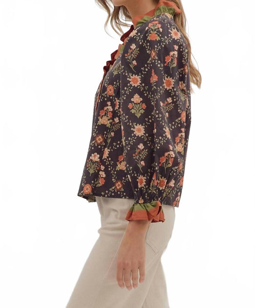 Entro Floral Print Long Sleeve Top Black Large 3