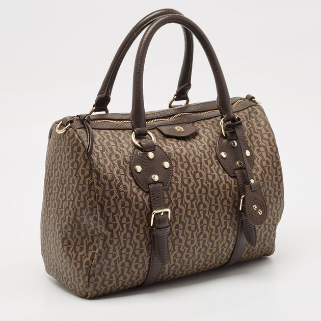 Aigner Brown Beige Signature Coated Canvas And Leather Boston Bag 