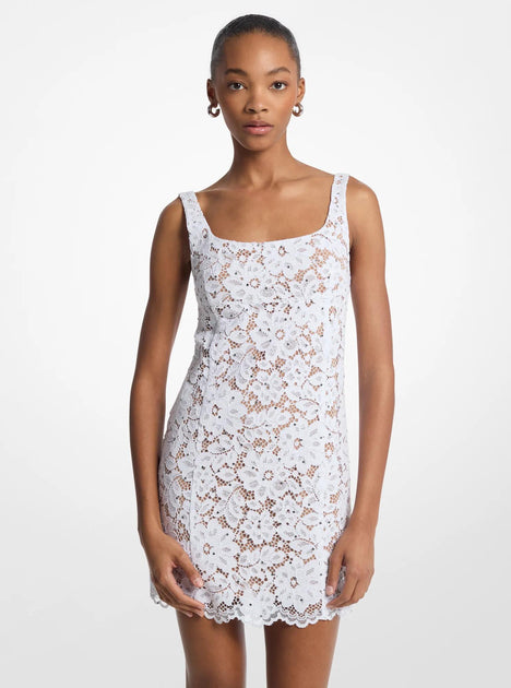 Michael Kors Studded Corded Floral Lace Mini Dress White US 4 2
