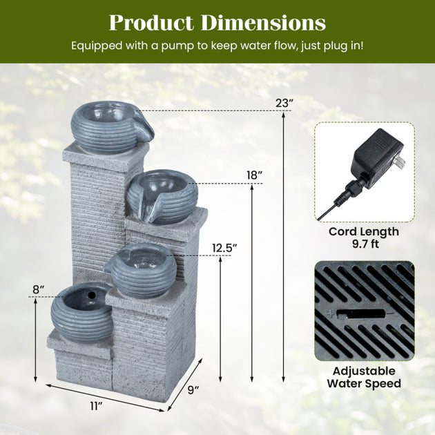BreeBe 4-Tier Outdoor Water Fountain Gray 4