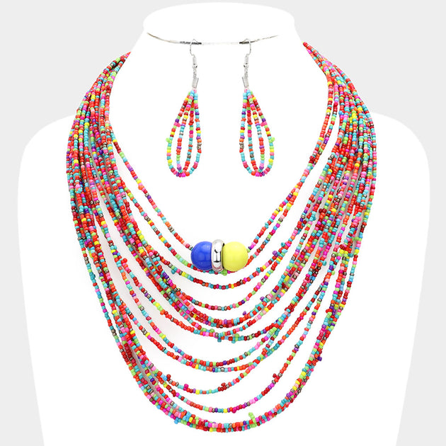 FASHNZFAB Seed Beaded Bib Necklace Blue 4
